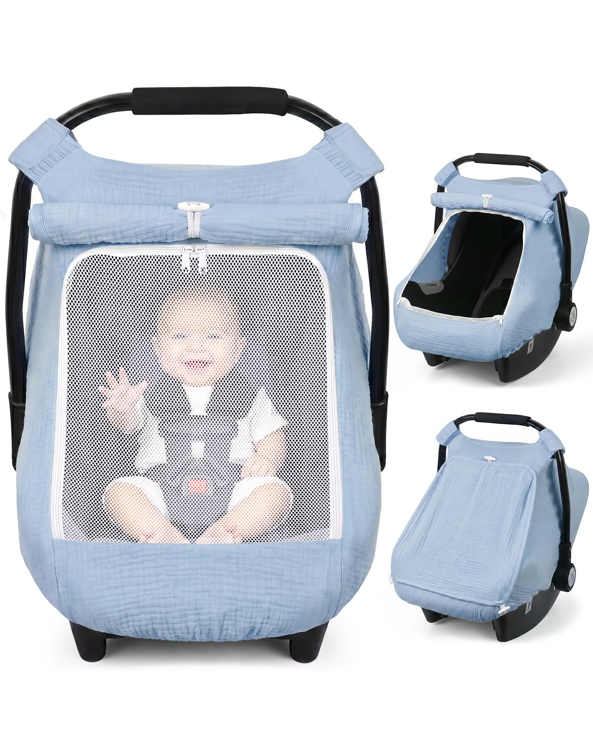 Rquite Baby Car Seat Cover Boy, Muslin Mesh Window Infant Carseat Canopy