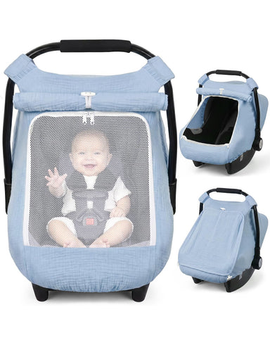 Rquite Baby Car Seat Cover Boy, Muslin Mesh Window Infant Carseat Canopy
