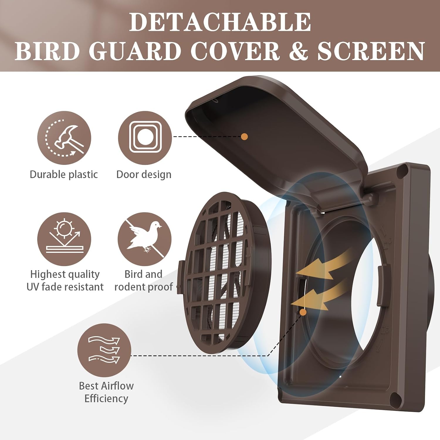 Dryer Vent Cover Outside 4 inch, Magnetic Door Design, Durable Airflow Vent with Lint Trap Screen, Thickened Material, 6 inch x 6 inch Size, Brown