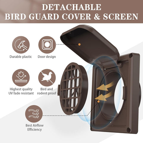 Dryer Vent Cover Outside 4 inch, Magnetic Door Design, Durable Airflow Vent with Lint Trap Screen, Thickened Material, 6 inch x 6 inch Size, Brown
