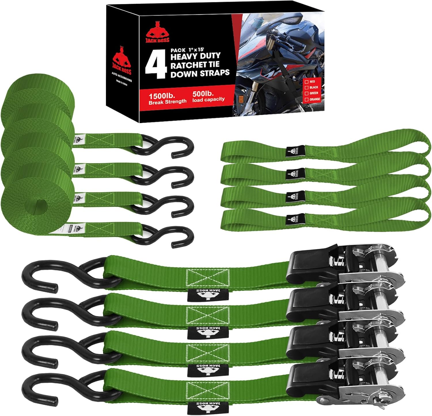 Jack Boss Ratchet Tie Down Straps Set,1500 lbs Break Strength, 1" x 15' Heavy Duty Ratchet Straps with 4X Soft Loops Padded Handles Coated S Hook, Fits for Moving Appliances Motorcycle ATV Truck,Green