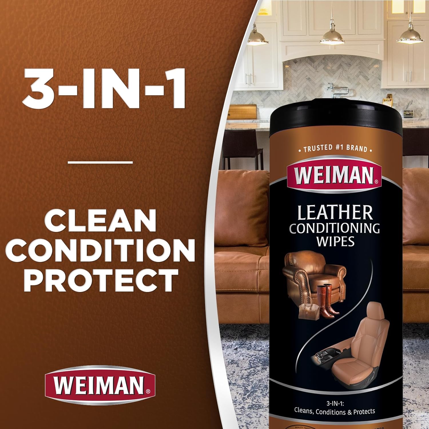 Weiman Leather Cleaner, Conditioner & Protector, 2 Pack Wipe with Cloth
