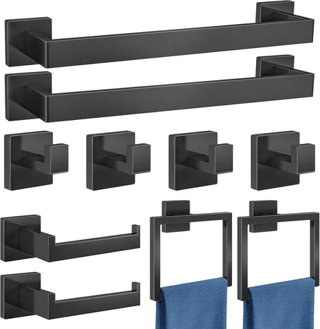 Gypie Bathroom Accessories Set Wall Mounted, 10-Piece 16In Matte Black