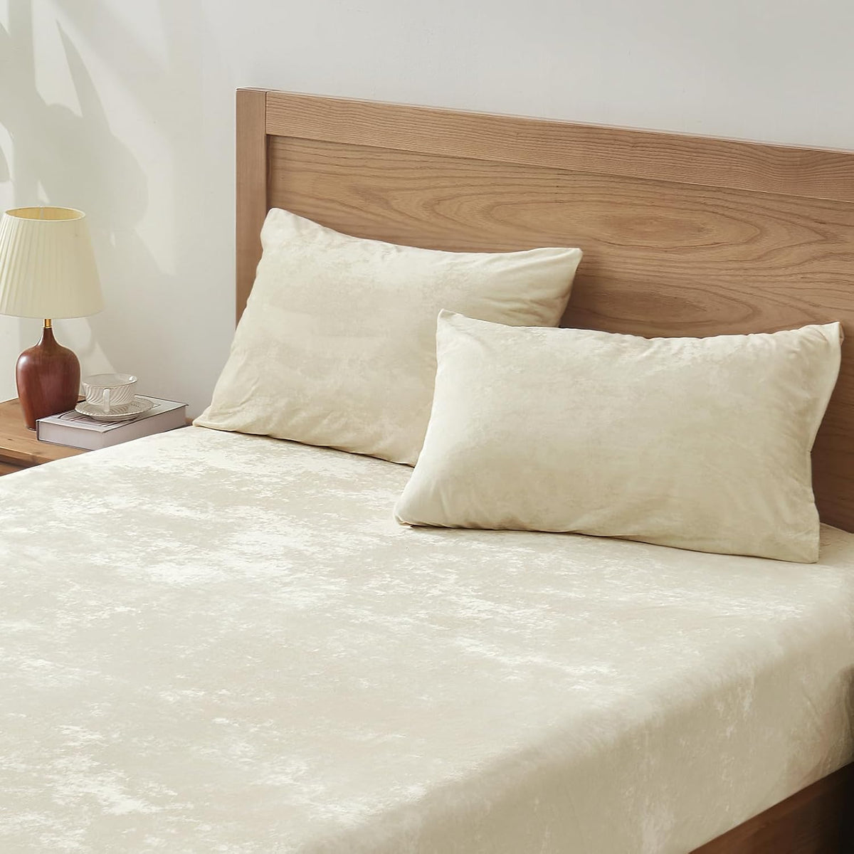BEDELITE Velvet Fitted Sheet and Pillowcase Set 2Pcs, Twin, Cream