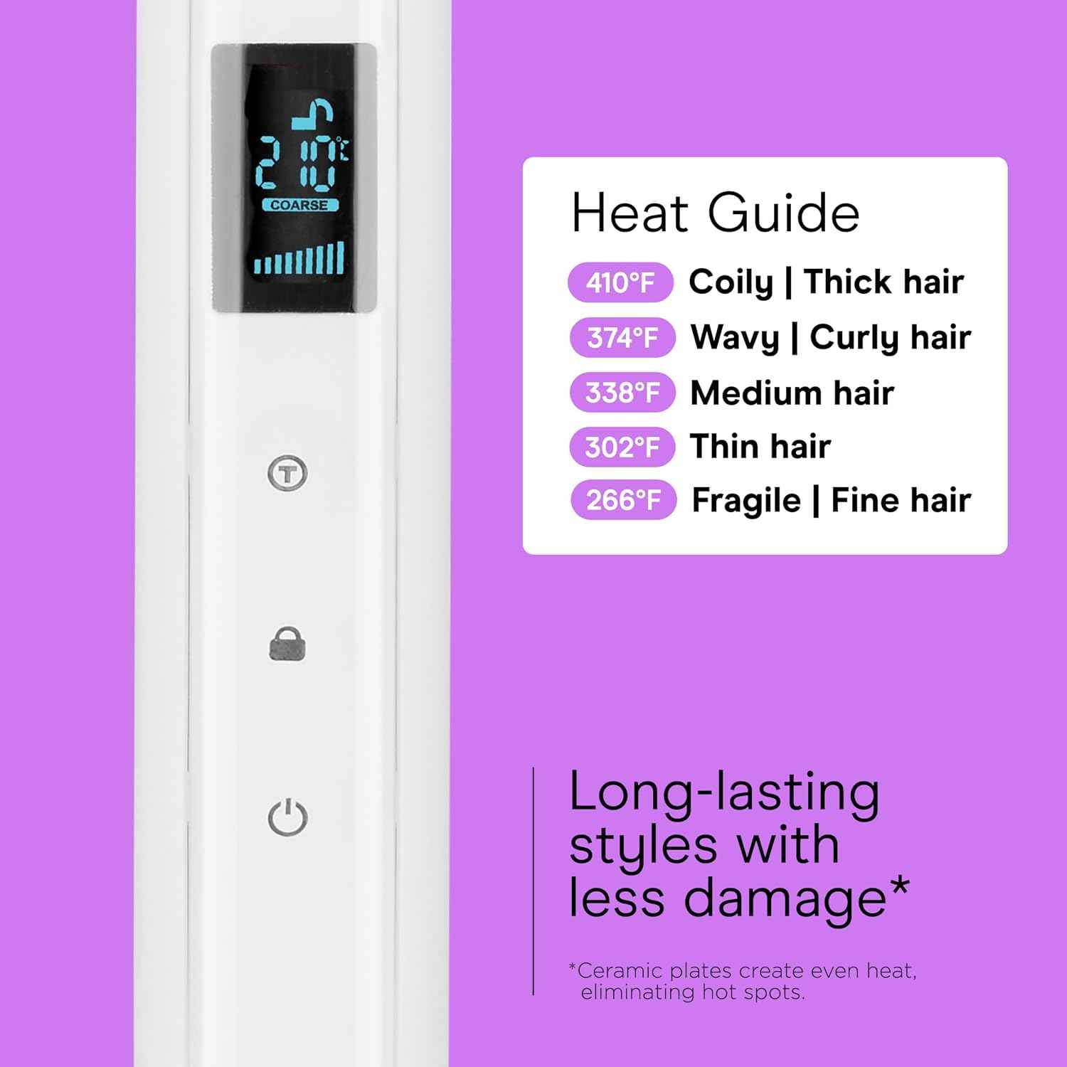 Conair Double Ceramic Flat Iron, 1-Inch Flat Iron, 5 Digital Temp Settings Up to 410°F, Extra-Long Plates, For All Hair Types and Textures, White