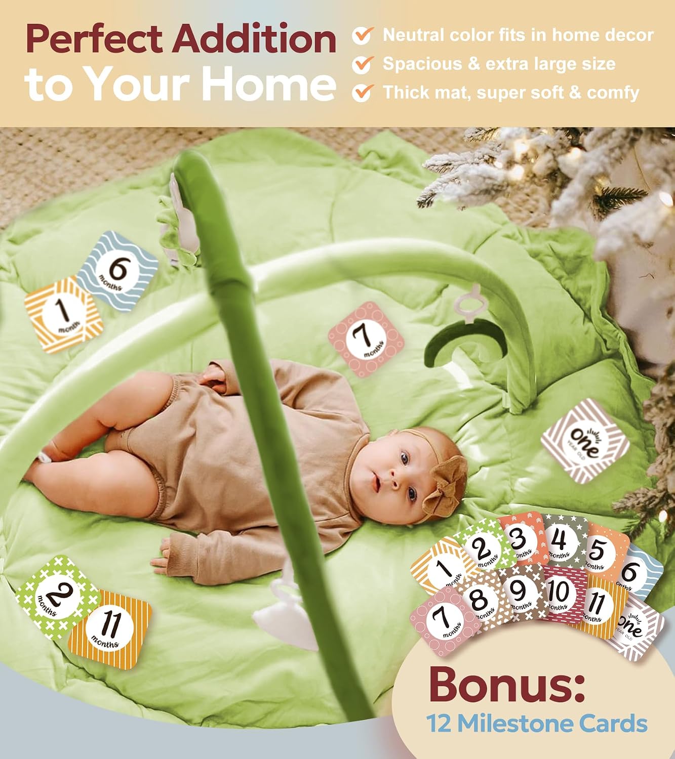 5-in-1 Thick & Plush Baby Play Gym, Baby Play Mats for Floor, Tummy Time Mat with 6 Toys, Convertible Stage-Based Developmental from Babies to Toddlers, Ball Pit, Green