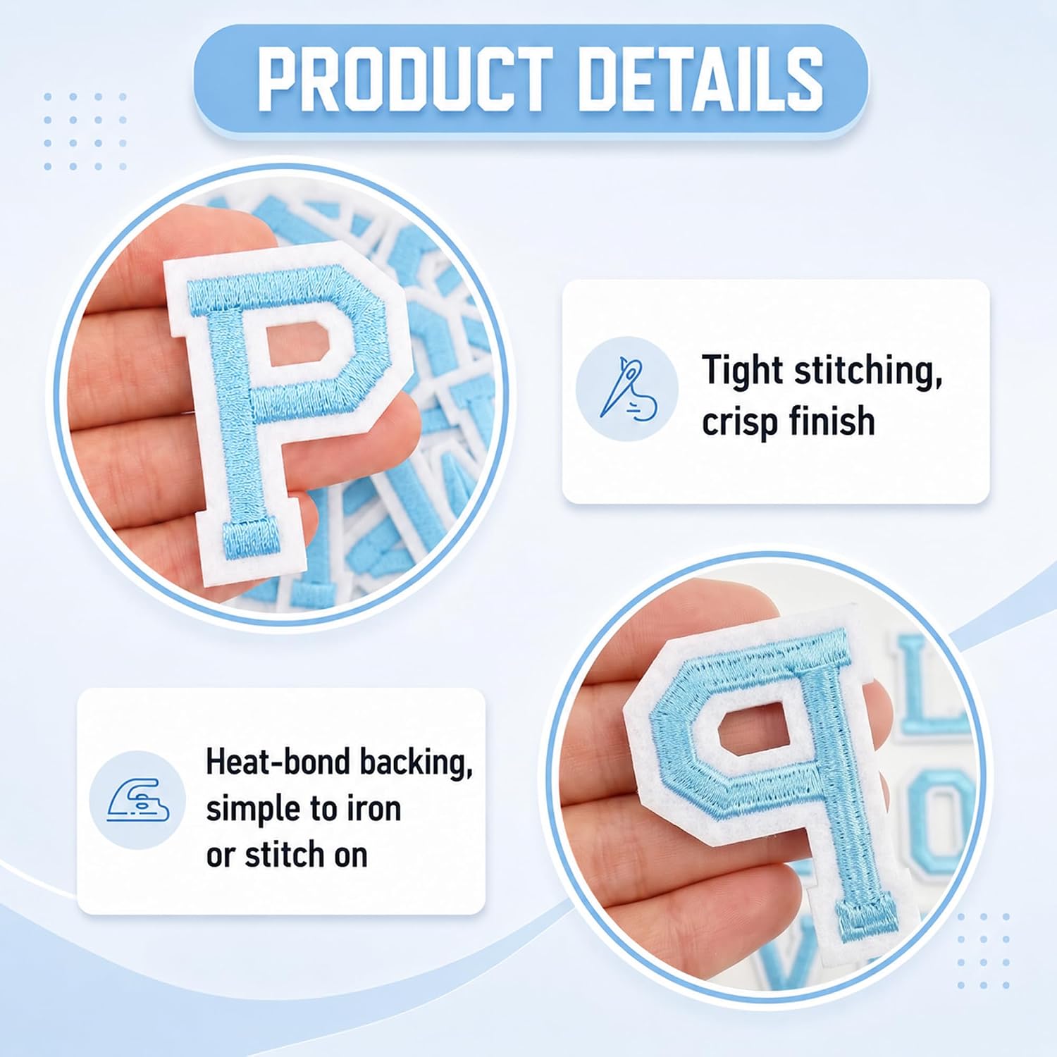Jongdari Iron on Letters, 52 Pcs Alphabet Patches with Ironed Adhesive, Decorate Repair Patches for Shirts Jackets Hats Jeans Shoes Bags(Sky Blue)