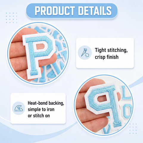 Jongdari Iron on Letters, 52 Pcs Alphabet Patches with Ironed Adhesive, Decorate Repair Patches for Shirts Jackets Hats Jeans Shoes Bags(Sky Blue)