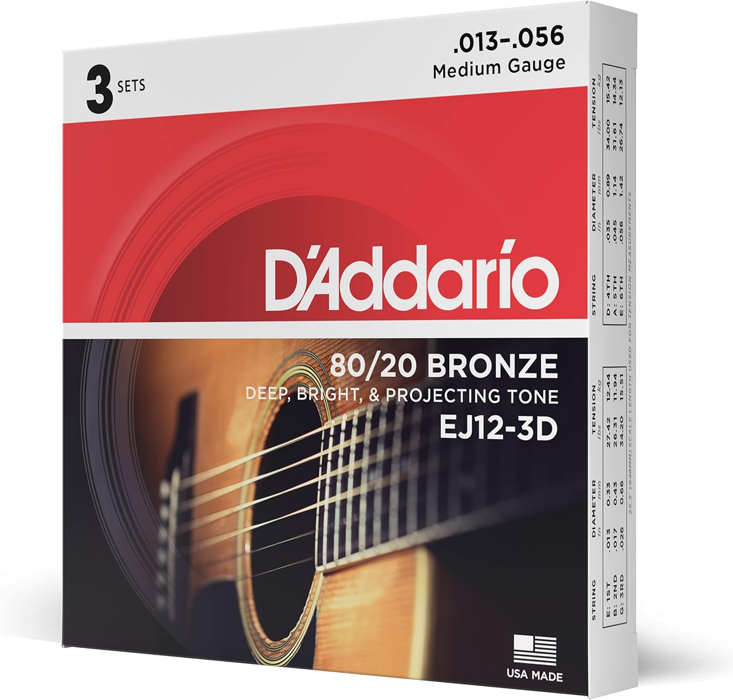 D'Addario EJ12-3D 80/20 Bronze Acoustic Guitar Strings, Medium 13-56, 3 Sets