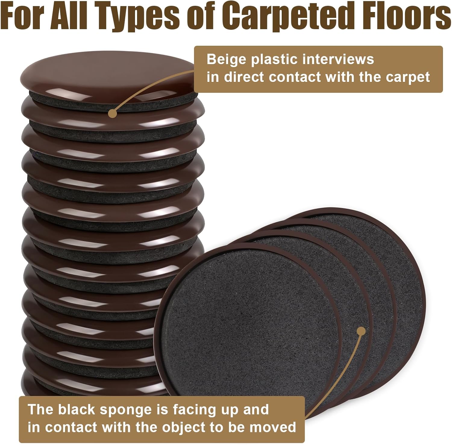 16PCS Furniture Sliders, 2 12/25" Furniture Sliders for Hardwood Floors, Reusable for Carpet, Heavy Duty Furniture Movers Sliders, Carpet, Floor Protectors (Brown)