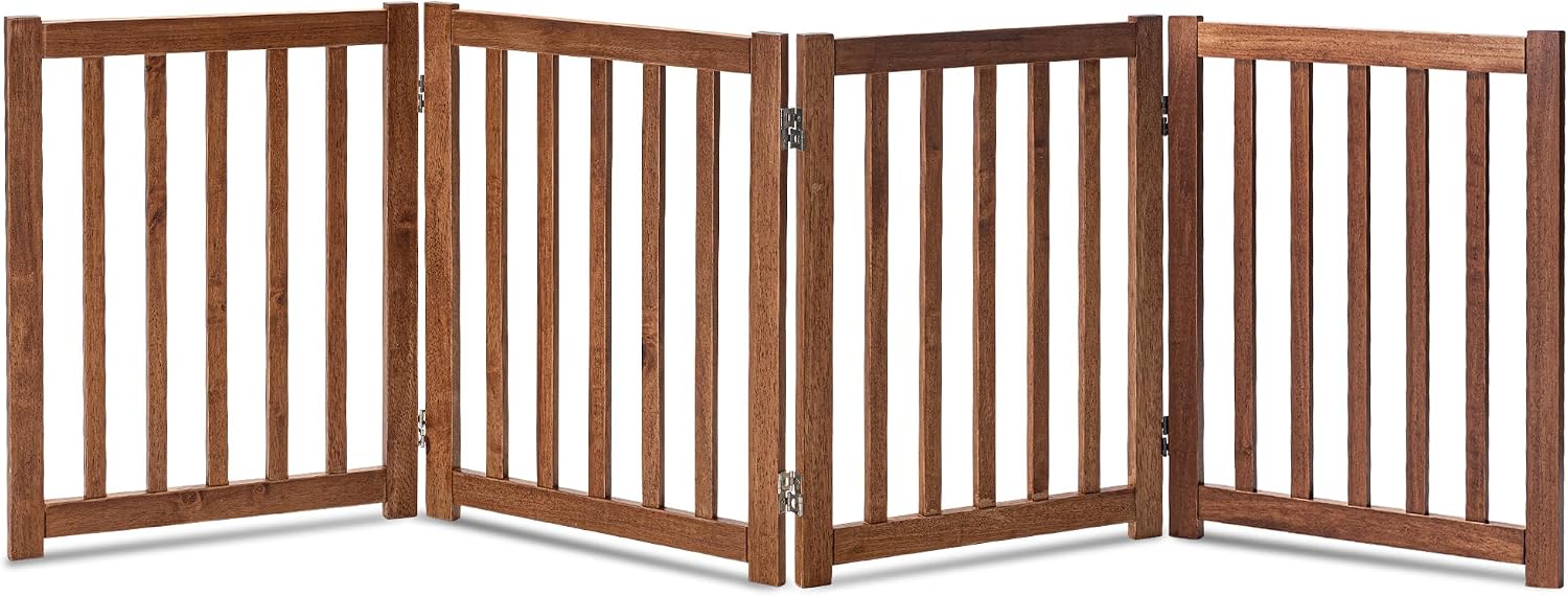 LZRS Wooden Free Standing Dog Gate 80" W x 24" H, Foldable Solid Hardwood Pet Safety Fence for House Doorways, Stairs, Hallways, Step-Over Pet Barrier, No Drill Easy Setup, Oak