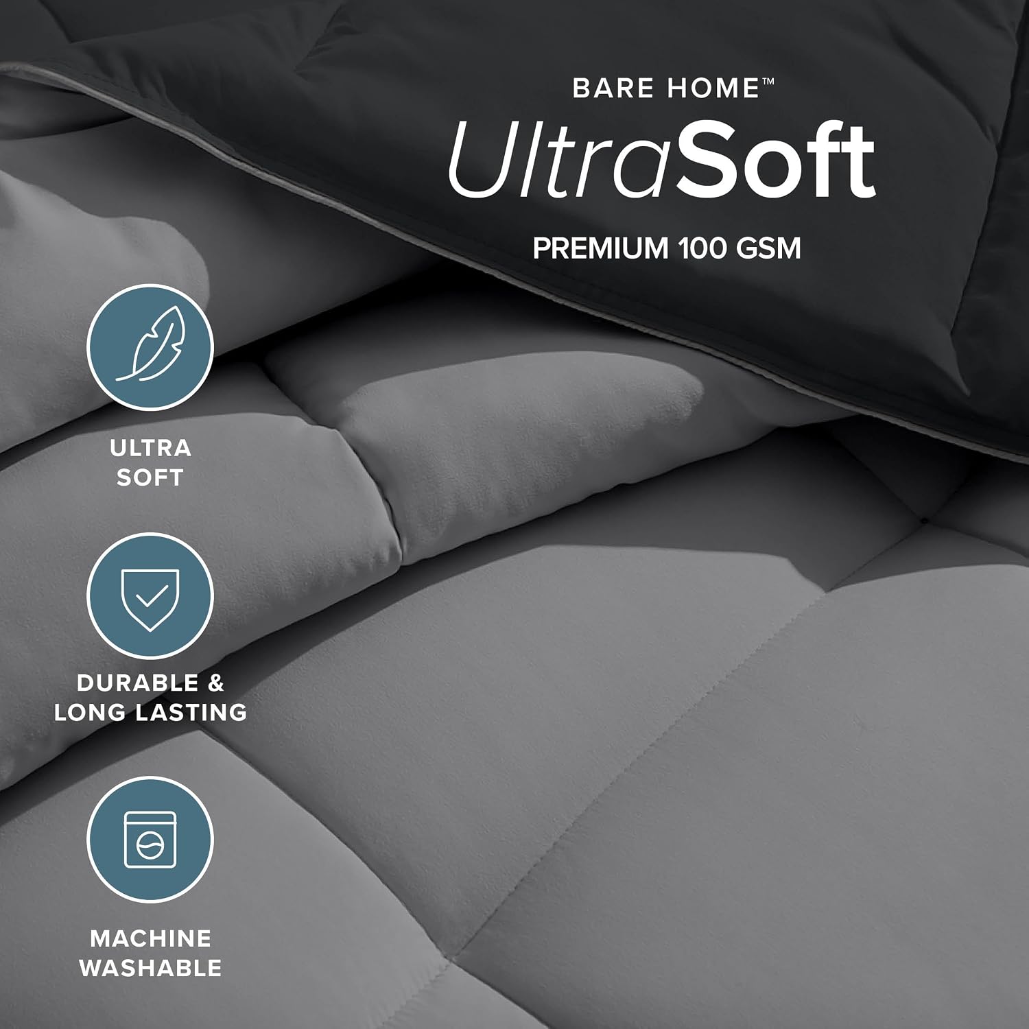 Bare Home Reversible Comforter (Queen Oversized, Black/Grey)