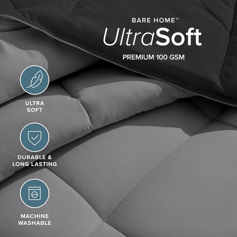 Bare Home Reversible Comforter (Queen Oversized, Black/Grey)