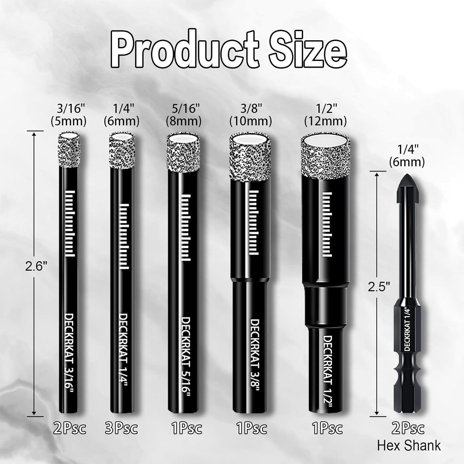 DECKRKAT 10-Piece Dry Diamond Drill Bits & TileDrill Bits - 3/16"(x2), 1/4"(x3), 5/16", 3/8", 1/2" + 1/4"(x2) Bit for Tile,Ceramic, Porcelain,Marble,Granite.