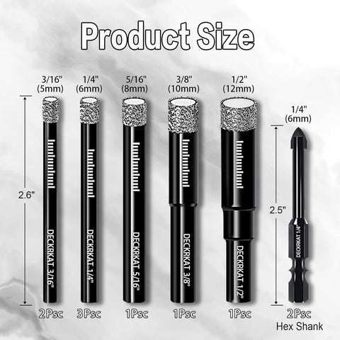 DECKRKAT 10-Piece Dry Diamond Drill Bits & TileDrill Bits - 3/16"(x2), 1/4"(x3), 5/16", 3/8", 1/2" + 1/4"(x2) Bit for Tile,Ceramic, Porcelain,Marble,Granite.