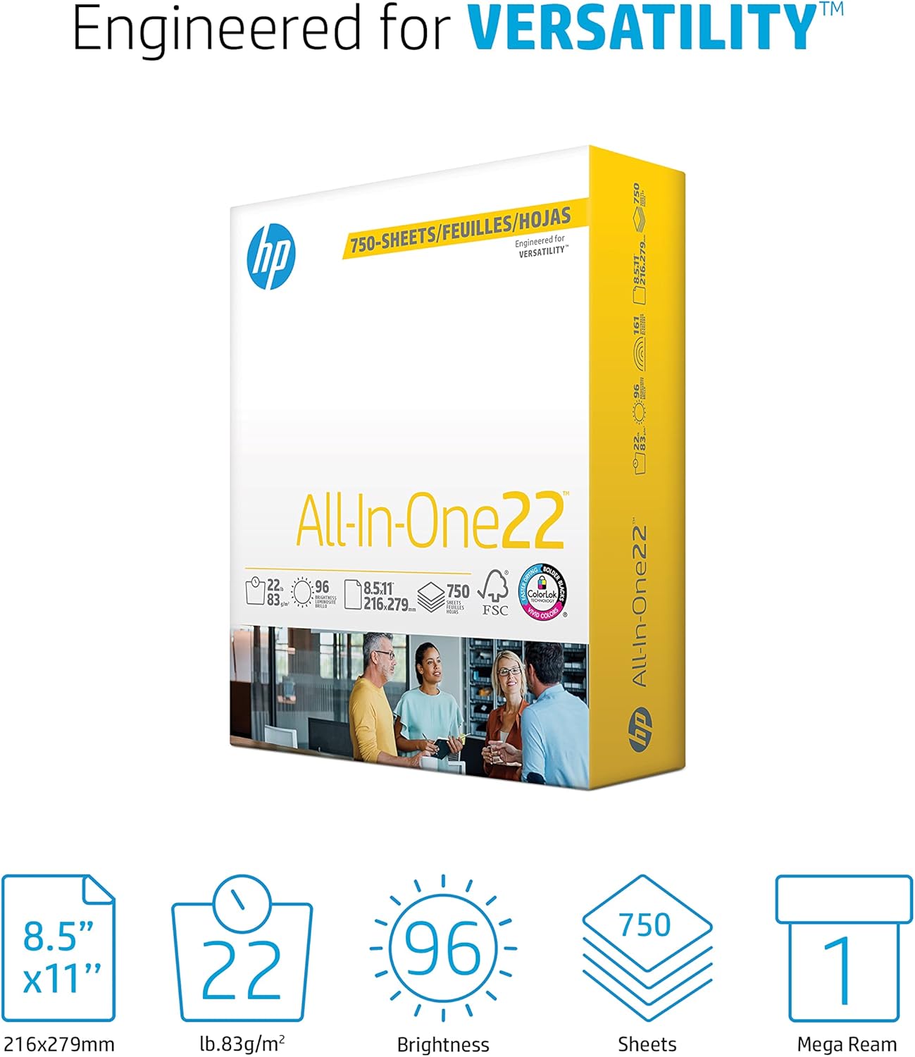 HP Papers | 8.5 x 11 Paper | All In One 22 lb | 1 Mega Ream - 750 Sheets | 96 Bright | Made in USA - FSC Certified | 207750R