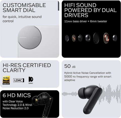 CMF Buds Pro 2 Wireless Earbuds with Smart Dial, 50dB Hybrid Noise Cancelling Earbuds Wireless Bluetooth 5.3, 11mm Bass with LDAC, 6 Hi-Res Audio Mics, 43H Playtime, Fast Charging Case, Light Grey