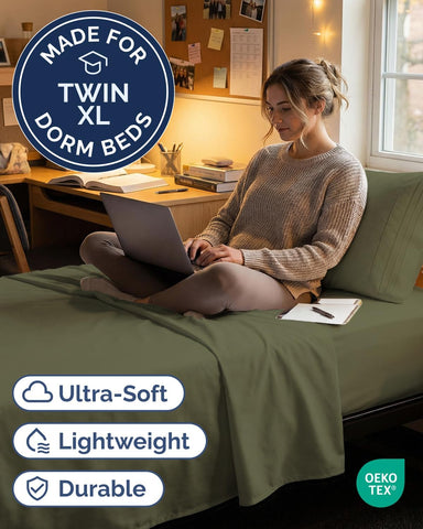 Twin XL 3 Piece Sheet Set - College Dorm Room Essentials - Sage Green