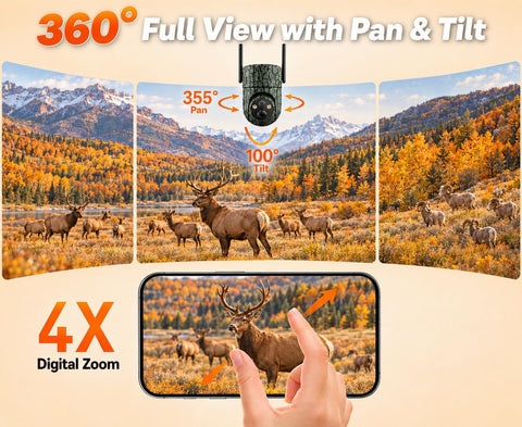 SEHMUA 4G LTE Cellular Trail Camera, 360° View 2K Live Feed Solar Game Cam