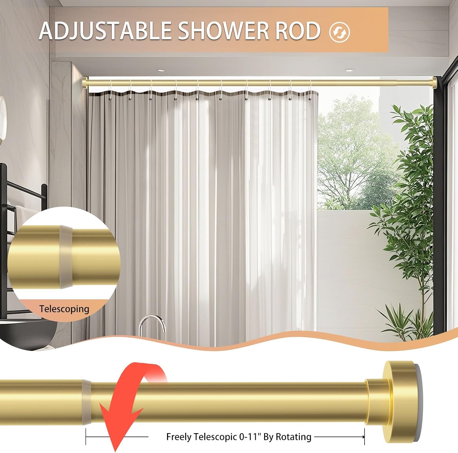 Gold Shower Curtain Rod 34-96 Inch (2.8-8ft) Adjustable Shower Rod