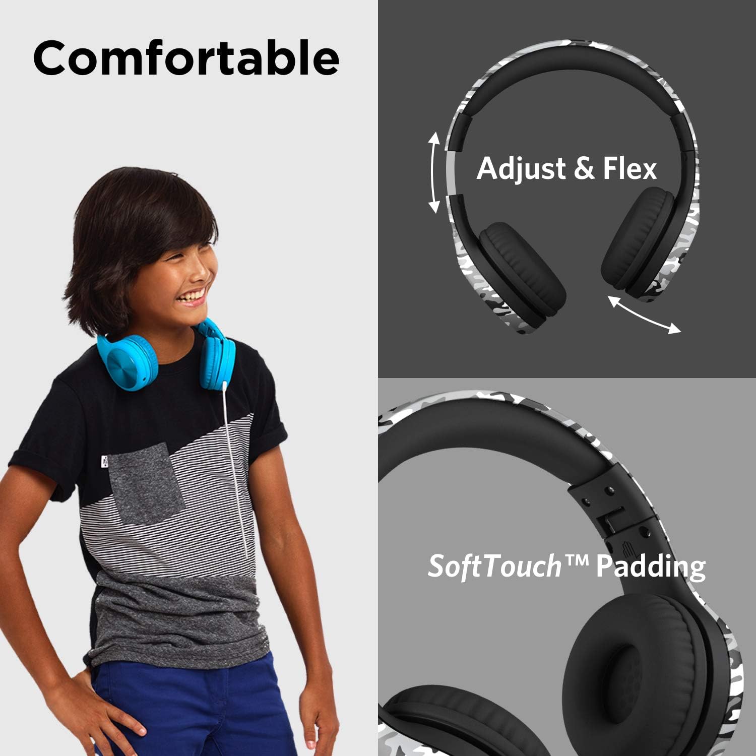 LilGadgets Connect+ Pro Wired Kids Headphones for School with Microphone, Volume Limiting Over-Ear Headset with Cord, SharePort Technology & SoftTouch Padding, Snow Camo