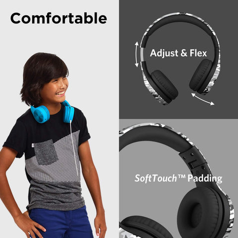 LilGadgets Connect+ Pro Wired Kids Headphones for School with Microphone, Volume Limiting Over-Ear Headset with Cord, SharePort Technology & SoftTouch Padding, Snow Camo