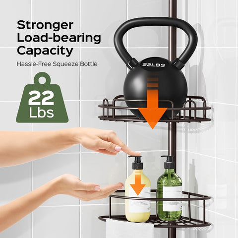 HAMITOR Corner Shower Caddy Tension Pole: No-Drill Rustproof Bathroom Shelf