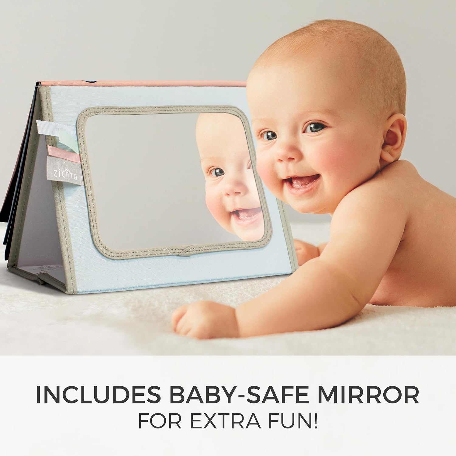 Soft Tummy Time Book w/ Baby Safe Mirror - High Contrast Montessori Toy