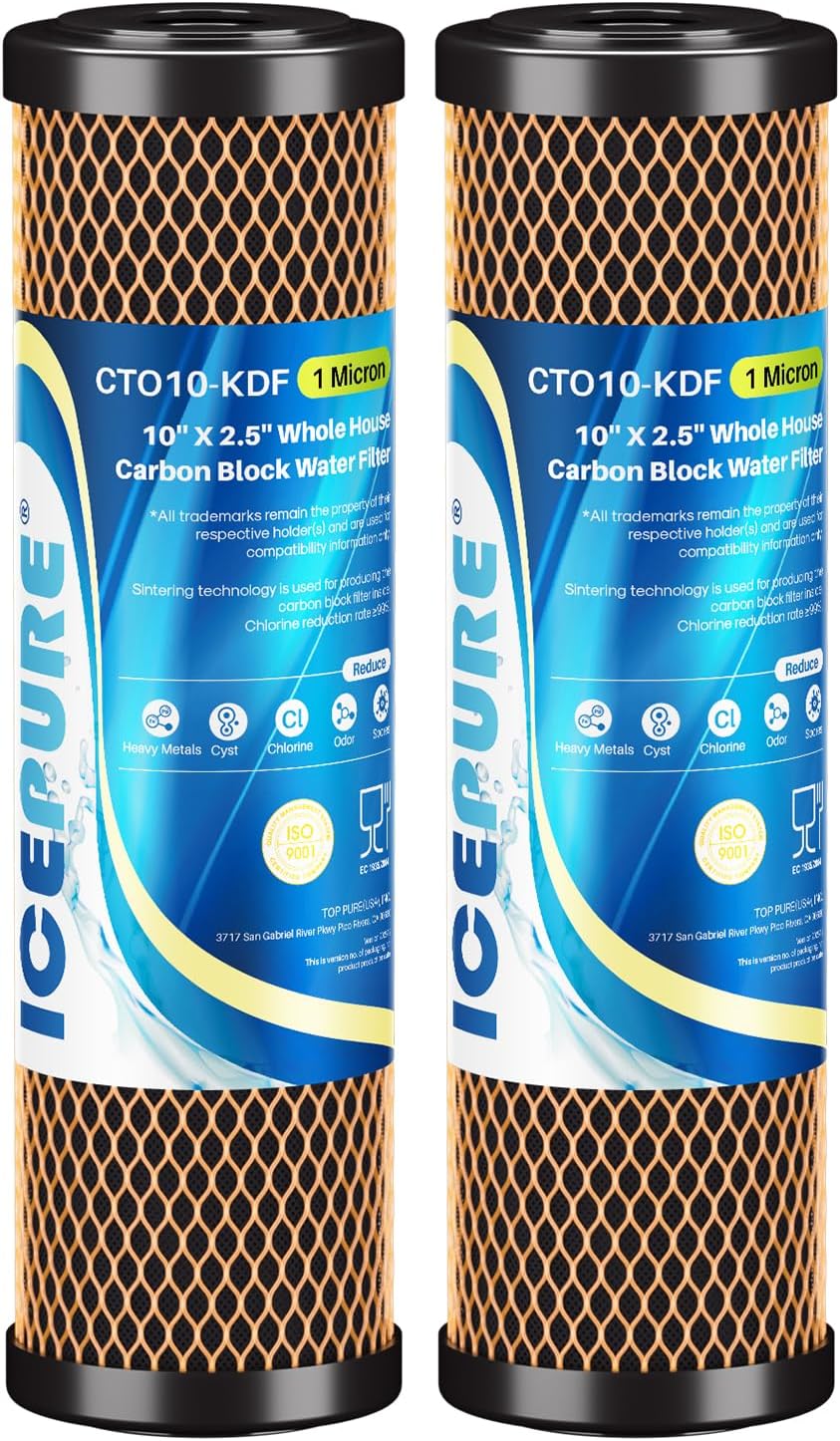 ICEPURE 1 Micron 2.5" x 10" Whole House Water Filter Coconut Shell Activated CTO Carbon and KDF Cartridge for Home, Compatible with WFPFC8002, WFPFC9001, FXWTC, SCWH-5, WHEF-WHWC, AMZN-SCWH-5, 2PACK