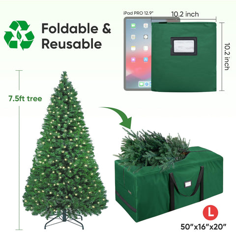 BALEINE 7.5 ft Christmas Tree Storage Bag, Heavy Duty 900D Oxford Fabric with Reinforced Handles and Dual Zippers Wide Opening, Extra Large Storage Container for Trees and Decorations (Green)