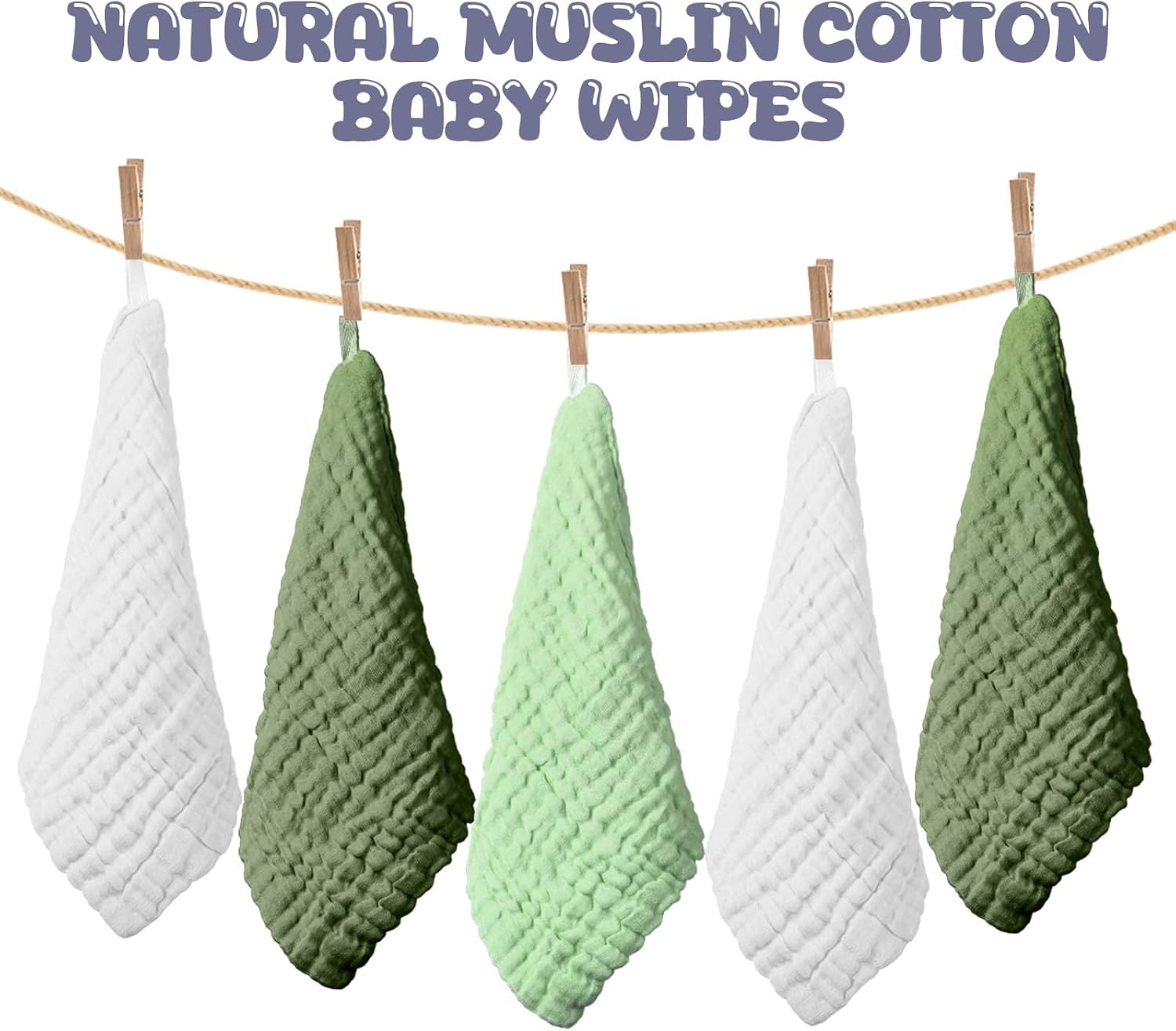 Breling 20 Pcs Baby Muslin Washcloth 12x12 in, White, Light Green, Green