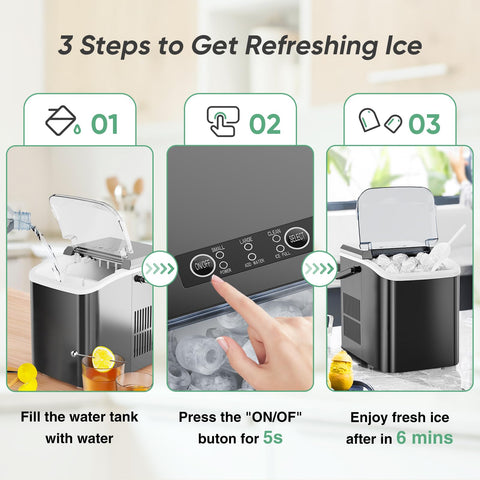 Sweetcrispy Countertop Ice Maker Machine Self-Cleaning, Fast Making 9 Ice Cubes in 6 Minutes, 26.5lbs/24Hrs, 2 Sizes Bullet Ice, Portable Ice Machine with Ice Scoop, Basket and Handle, Black