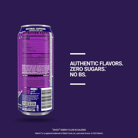 GHOST Energy Drink, Zero Sugars, 12-Pack, Welch's Grape, 16oz
