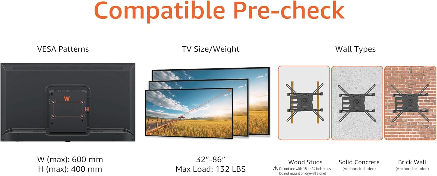 Amazon Basics Full Motion TV Wall Mount with Horizontal Post Installation Leveling for 32" to 86" TVs, Black