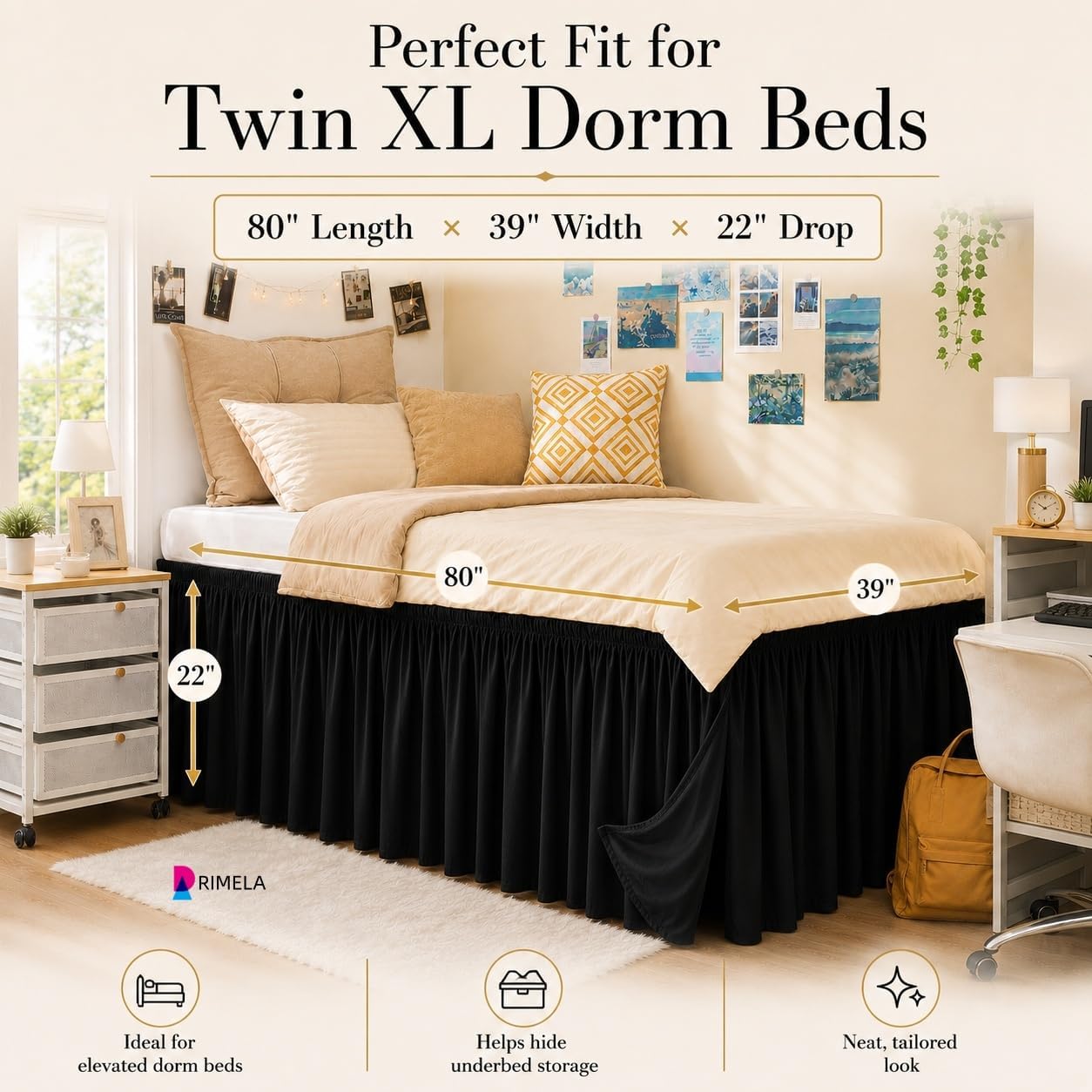 Dorm Room Bed Skirt Twin XL 22" Drop, College Split Corner Bedskirt, Black