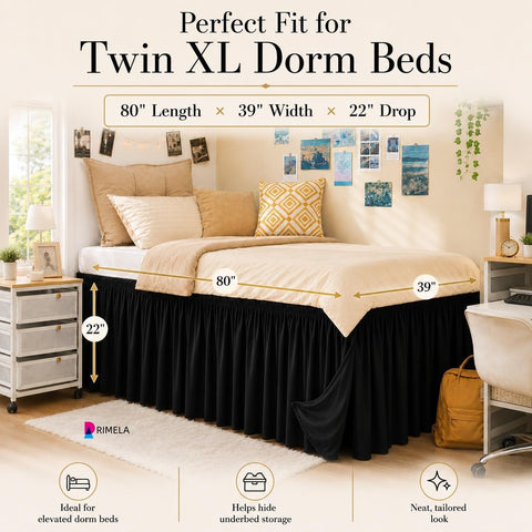 Dorm Room Bed Skirt Twin XL 22" Drop, College Split Corner Bedskirt, Black