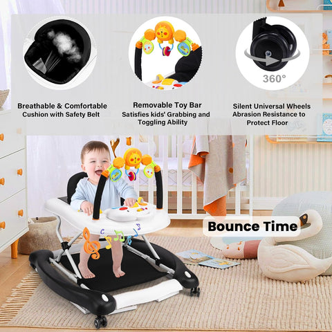 Boyro Baby Baby Walker, 5-in-1 Black Baby Walkers for Boys and Girls 6-12 Months with Bouncer, Removable Footrest, Feeding Tray & Music, Foldable & Adjustable Walker for 6-18 Months Toddler Infant
