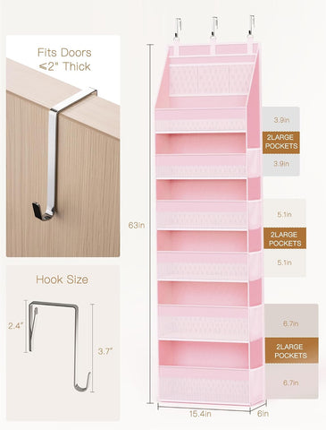 Criusia Over the Door Organizer, 6-Shelf Closet Hanging Storage with 13 Mesh Pockets, 55lbs Capacity Behind the Door Storage for Baby Nursery, Bathroom, Bedroom, and Dorm, Pink
