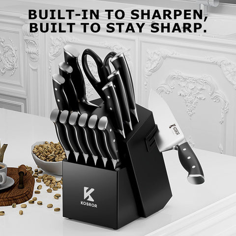 Kitchen Knife Set with Block & Dual Sharpener 15pc German Steel