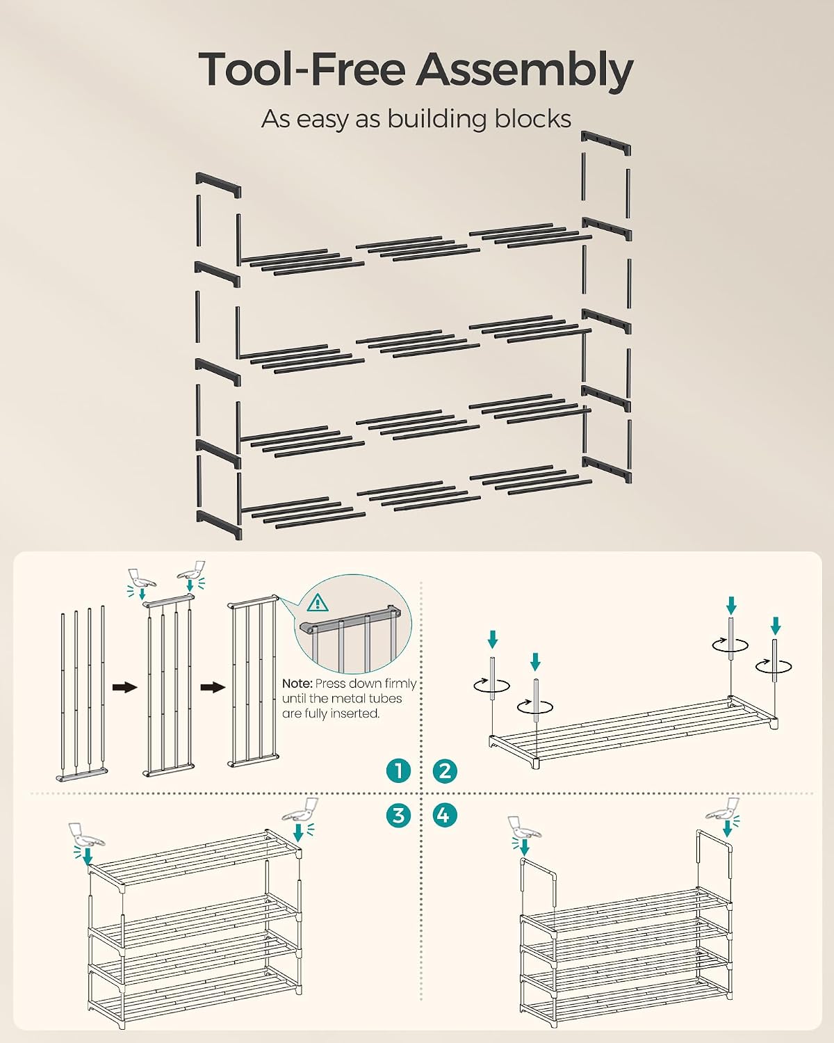 SONGMICS Shoe Rack, 4-Tier Shoe Organizer, Metal Storage Shelf