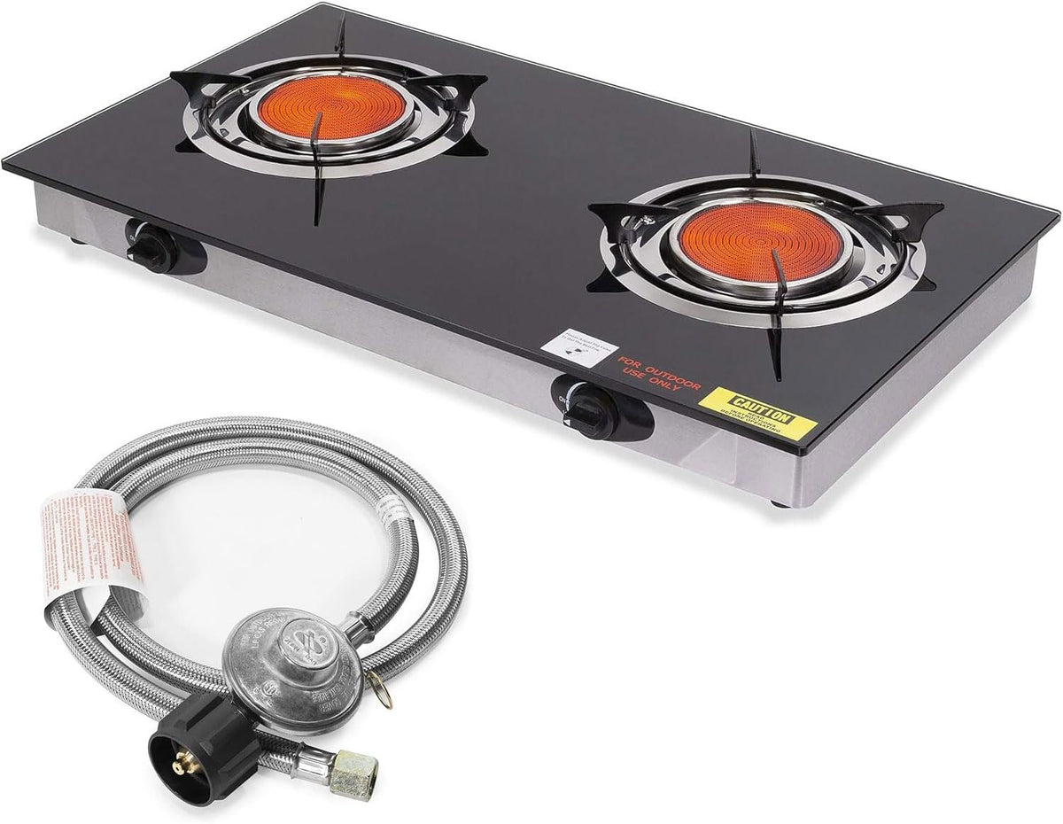 Barton Deluxe 40,000 BTU 2-Burner Propane Gas Stove, Outdoor Countertop Cooktop with Ceramic Infrared Burners, Auto Ignition LPG Camping Stove for BBQ, Tailgating & Outdoor Cooking