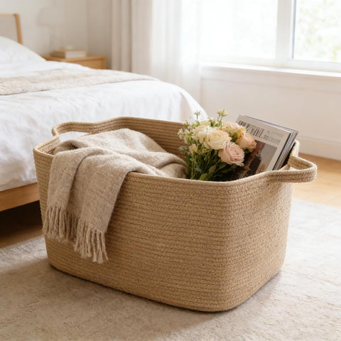 96L Woven Laundry Basket with Handles, Extra Blanket Basket,Jute