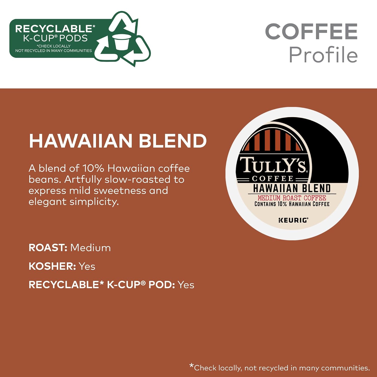 Tully's Coffee Hawaiian Blend, Keurig Single Serve K-Cup Pods, Medium Roast, 60 Count, (6 Packs of 10)