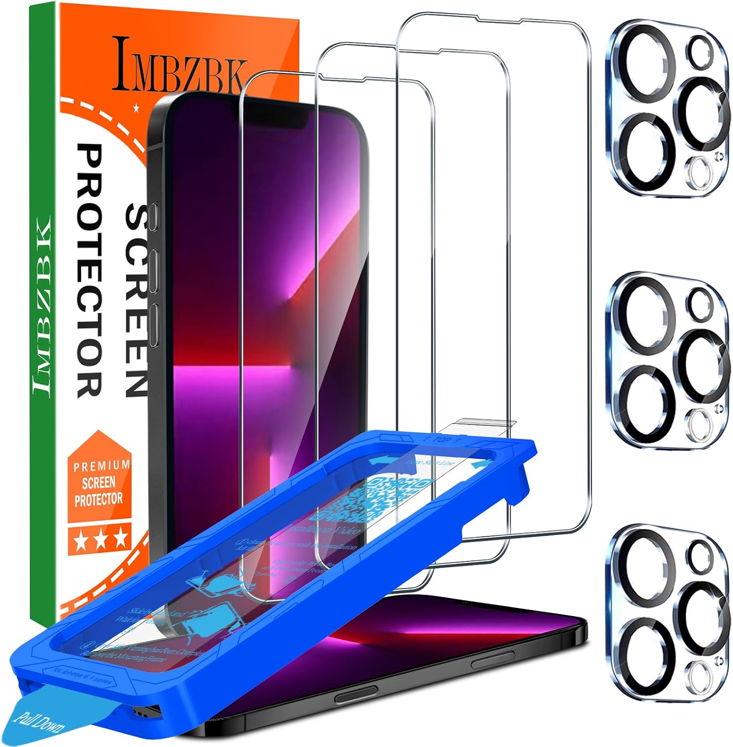 IMBZBK 3+3 Pack for iPhone 13 Pro Screen Protector, 9H+ Tempered Glass