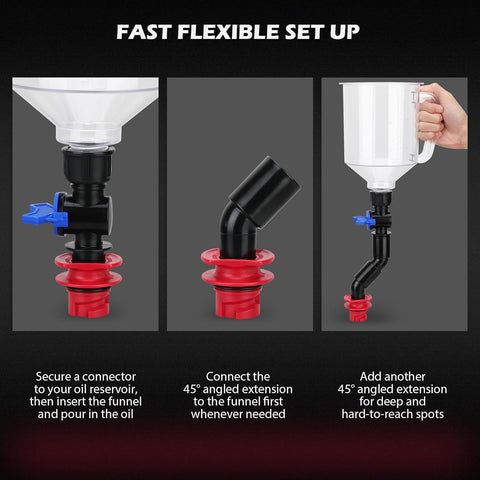 18-Piece Engine Oil Funnel Kit, 1.59QT/1.5L Automotive Oil Funnel Set with 12 Adapters, Elbow Fitting, Arrow Screen and Magnetic Storage Hooks Tray, Compatible with GM, Ford, BMW, Audi, Land Rover Etc
