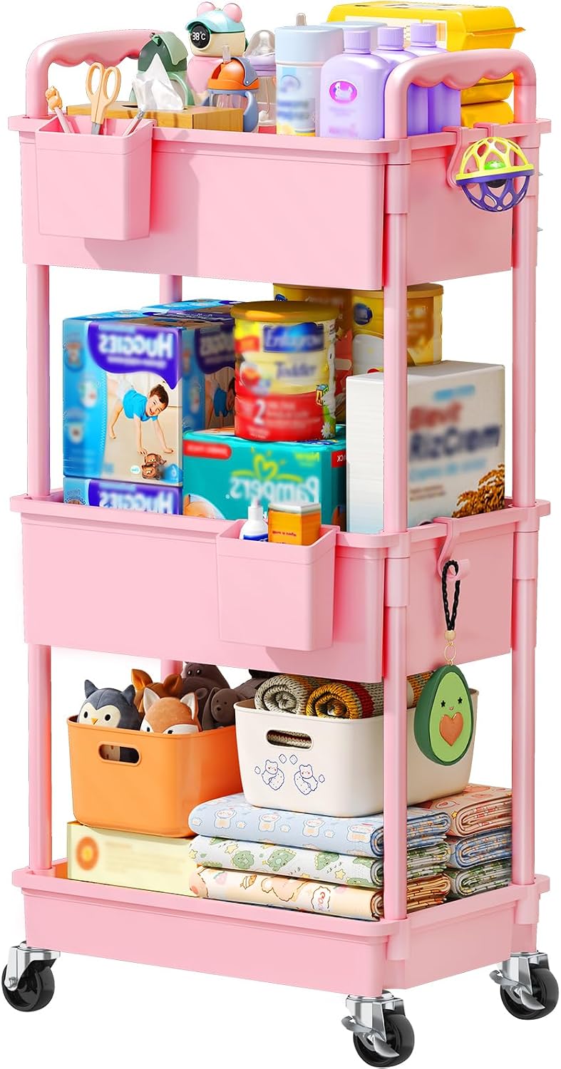 SUNALLY Baby Diaper Caddy Cart, 3 Tier Rolling Diaper Cart for Nursery,Pink