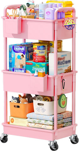 SUNALLY Baby Diaper Caddy Cart, 3 Tier Rolling Diaper Cart for Nursery,Pink