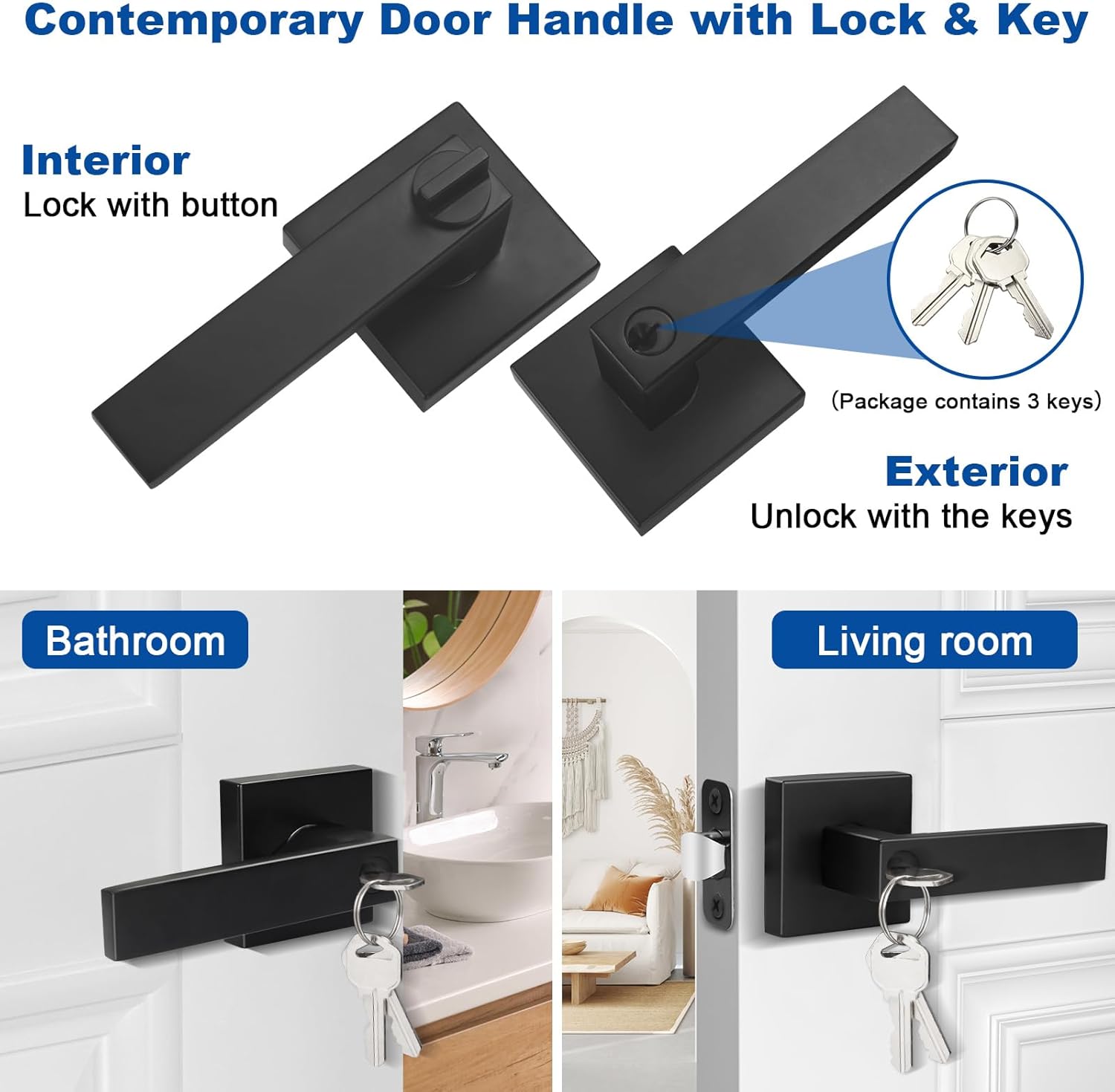 Estmoon Door Lock Matte Black Door Knob with Lock, Heavy Duty Keyed Front Door Handle Exterior Lockset, Entrance Exterior Door Knob for Bedroom, Bathroom, Front Door, Office, 1 Pack