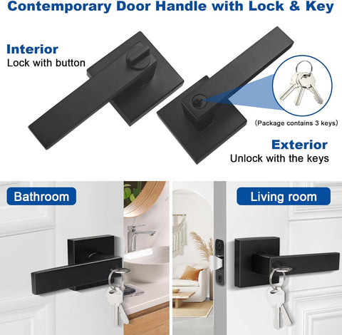 Estmoon Door Lock Matte Black Door Knob with Lock, Heavy Duty Keyed Front Door Handle Exterior Lockset, Entrance Exterior Door Knob for Bedroom, Bathroom, Front Door, Office, 1 Pack