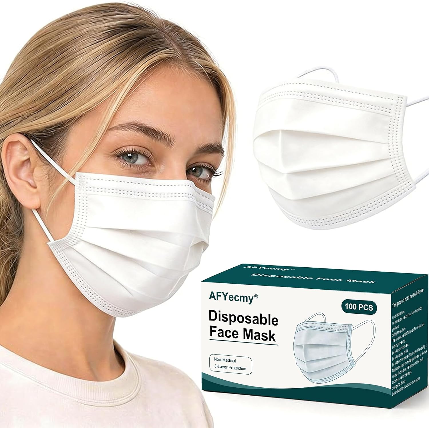 Disposable Face Masks 100 Pack, 3-Ply Breathable Masks with Soft Comfortable Earloops, Adjustable Nose Clip for Office, Travel, School & Public Use, White
